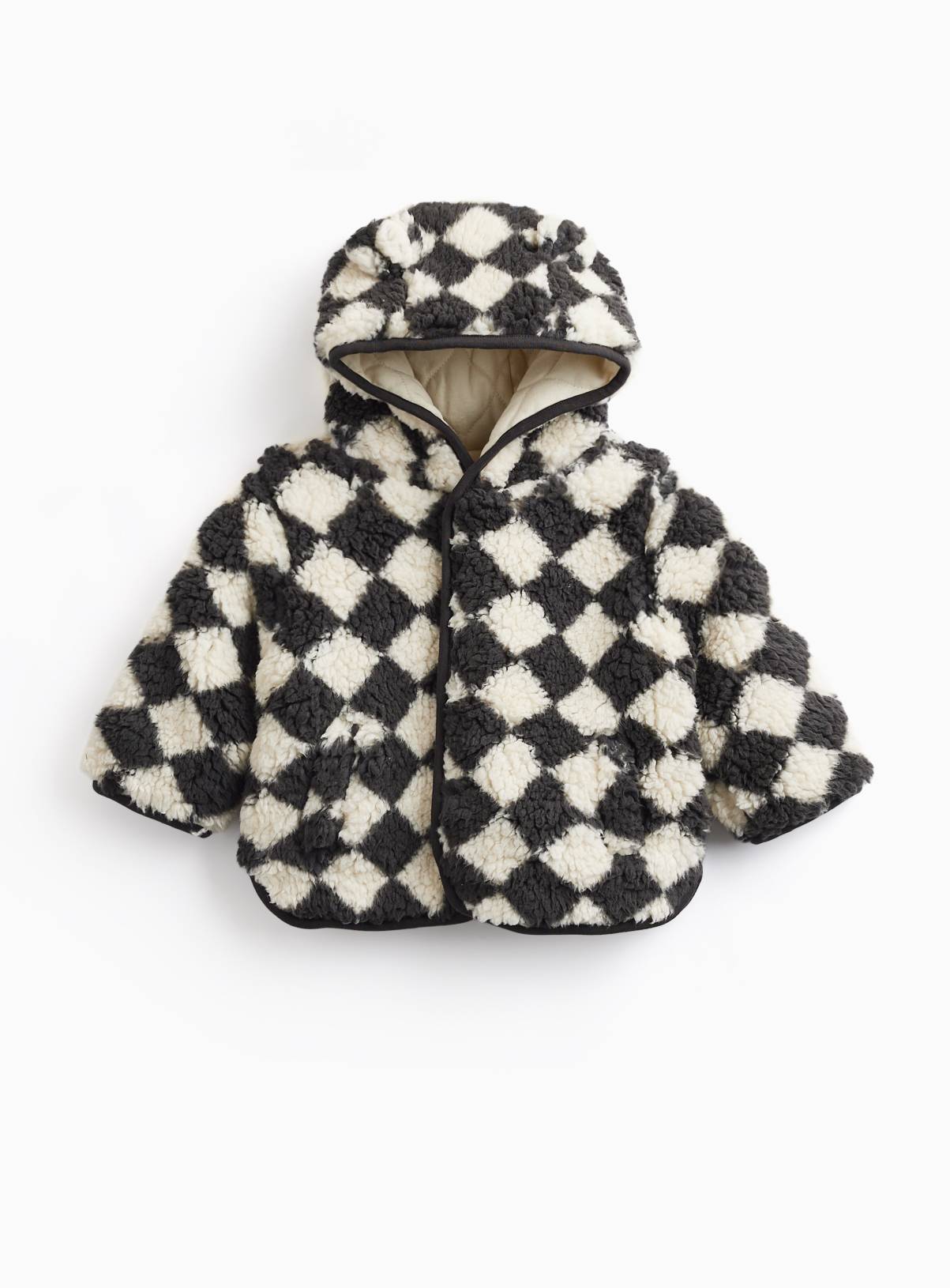 Mono Harlequin Print Borg Hooded Jacket Up to 3 mths - Image 1